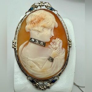 Vintage 14k White Gold Hand Carved Cameo with White Sapphires on Neck & Wrist